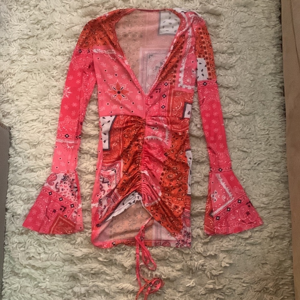 Pink Red Mesh Paisley Bandana Print Mini Dress